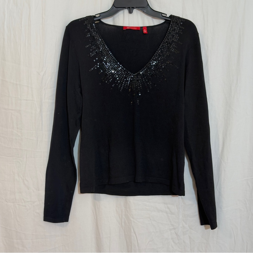 Anne Klein Black Sequin V-Neck Sweater Women’s Medium | Rayon Nylon Knit Top